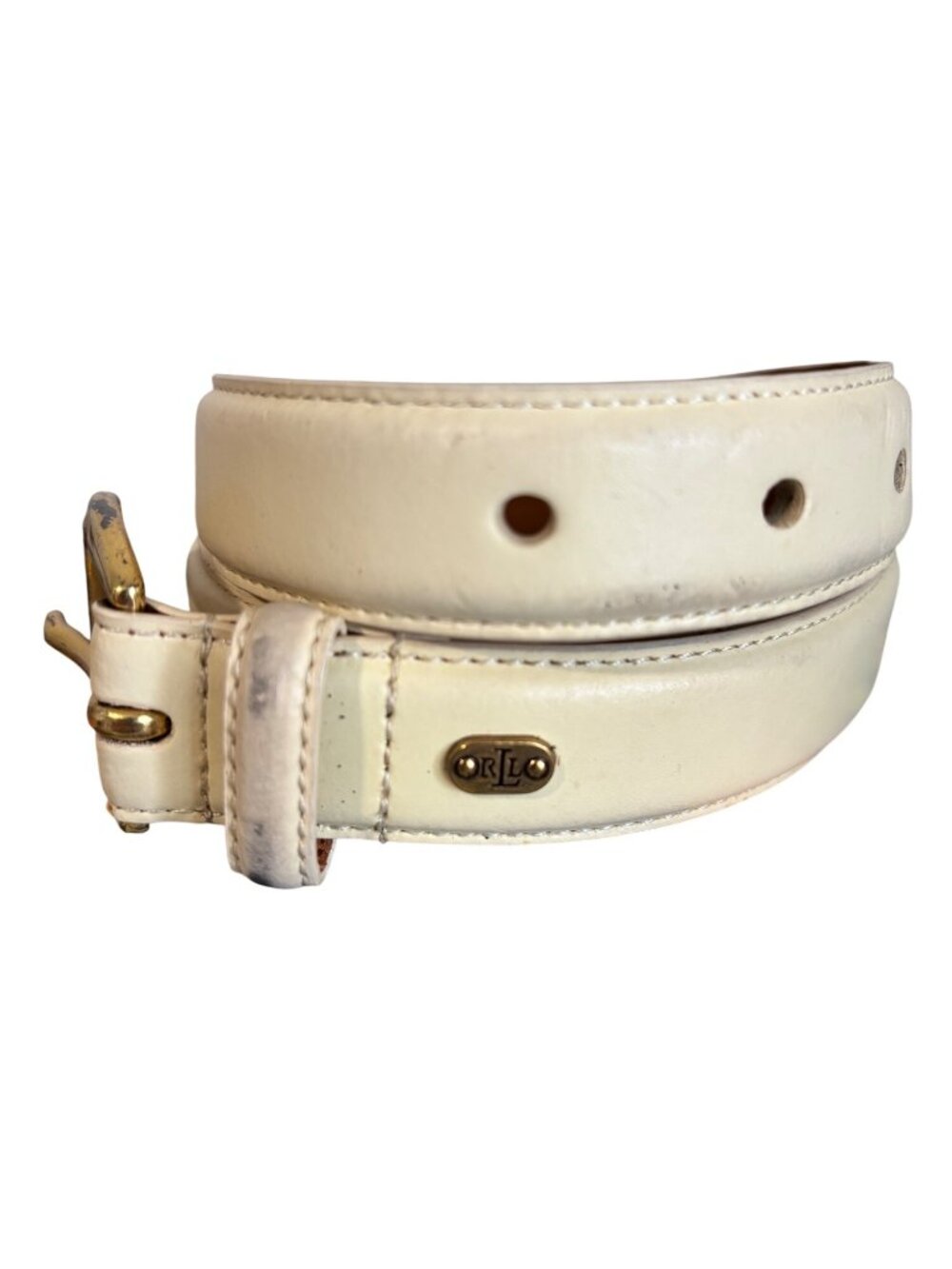 Lauren Ralph Lauren Cream Leather Belt Italian Leather Gold Silver Buckle Womens